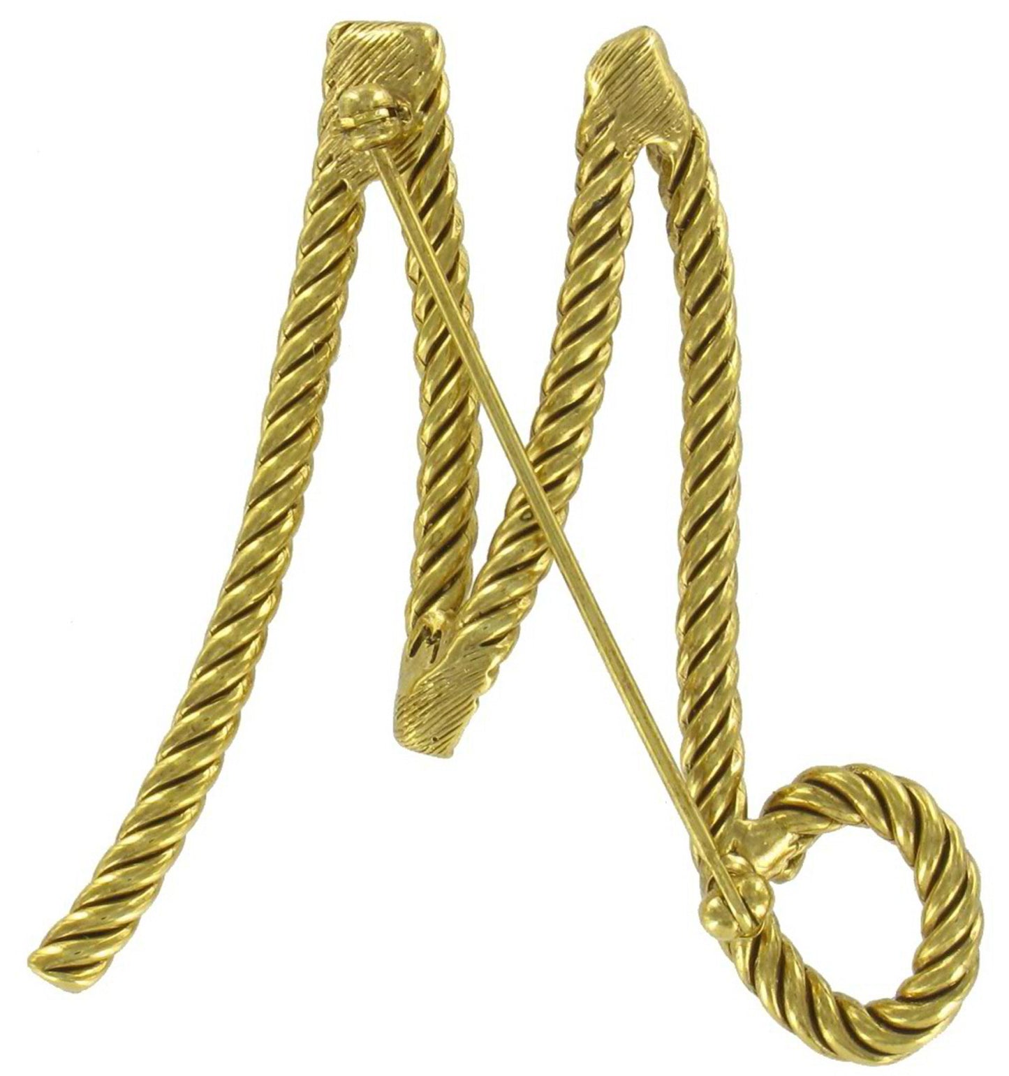 Large Big Script Gold Tone Rope Textured Initial Letter "M" Brooch Pin 2 1/2"