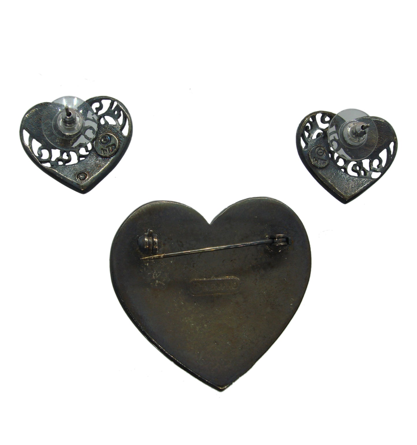 Patina Green Heart Pierced Earrings 3/4"  Pin Brooch 1 3/4" Jewelry Set
