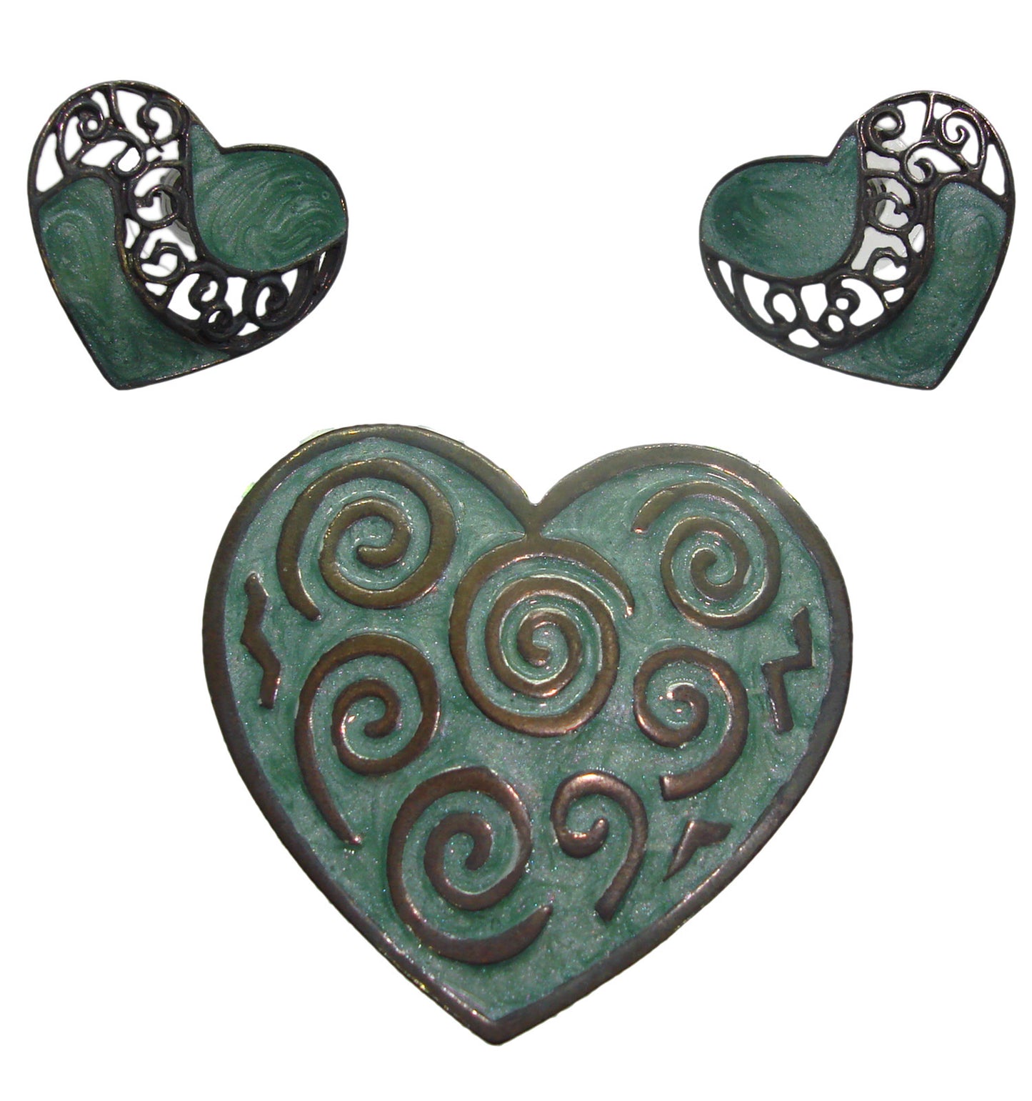 Patina Green Heart Pierced Earrings 3/4"  Pin Brooch 1 3/4" Jewelry Set