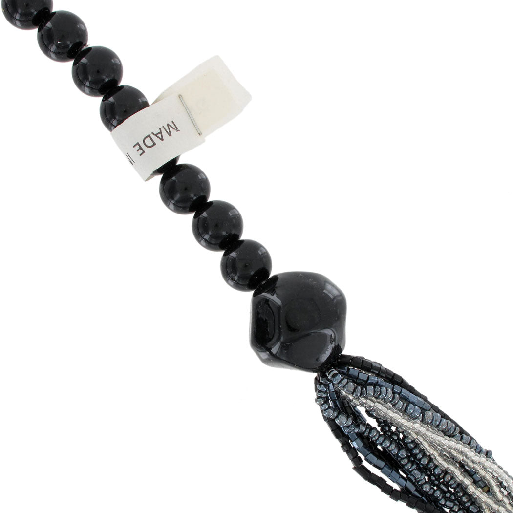 Black Beaded Glass Seed Multi Strand Torsade Collar Necklace Vintage 24"