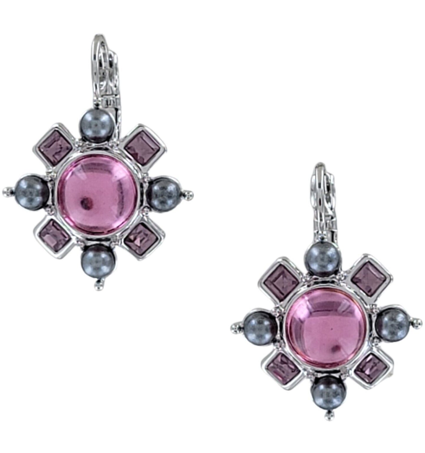 Joan Rivers Signed Gray Faux Pearl Pink Jeweled Flower Earrings NWT NIB