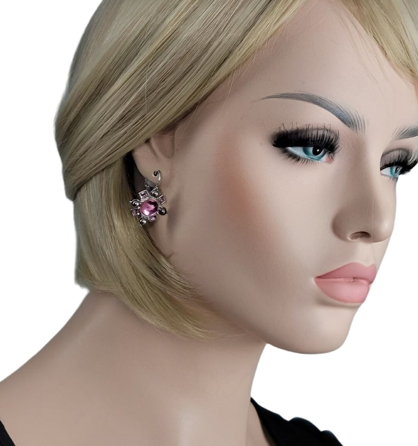Joan Rivers Signed Gray Faux Pearl Pink Jeweled Flower Earrings NWT NIB
