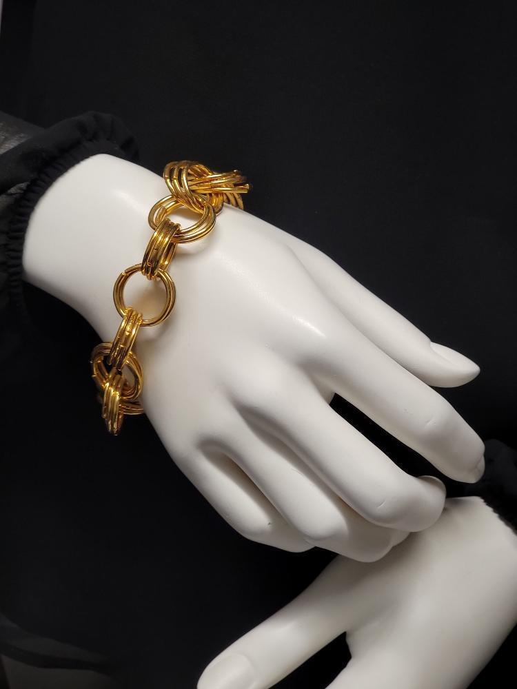 Chunky Heavy Triple Ring Cable Link Chain Bracelet Gold Tone