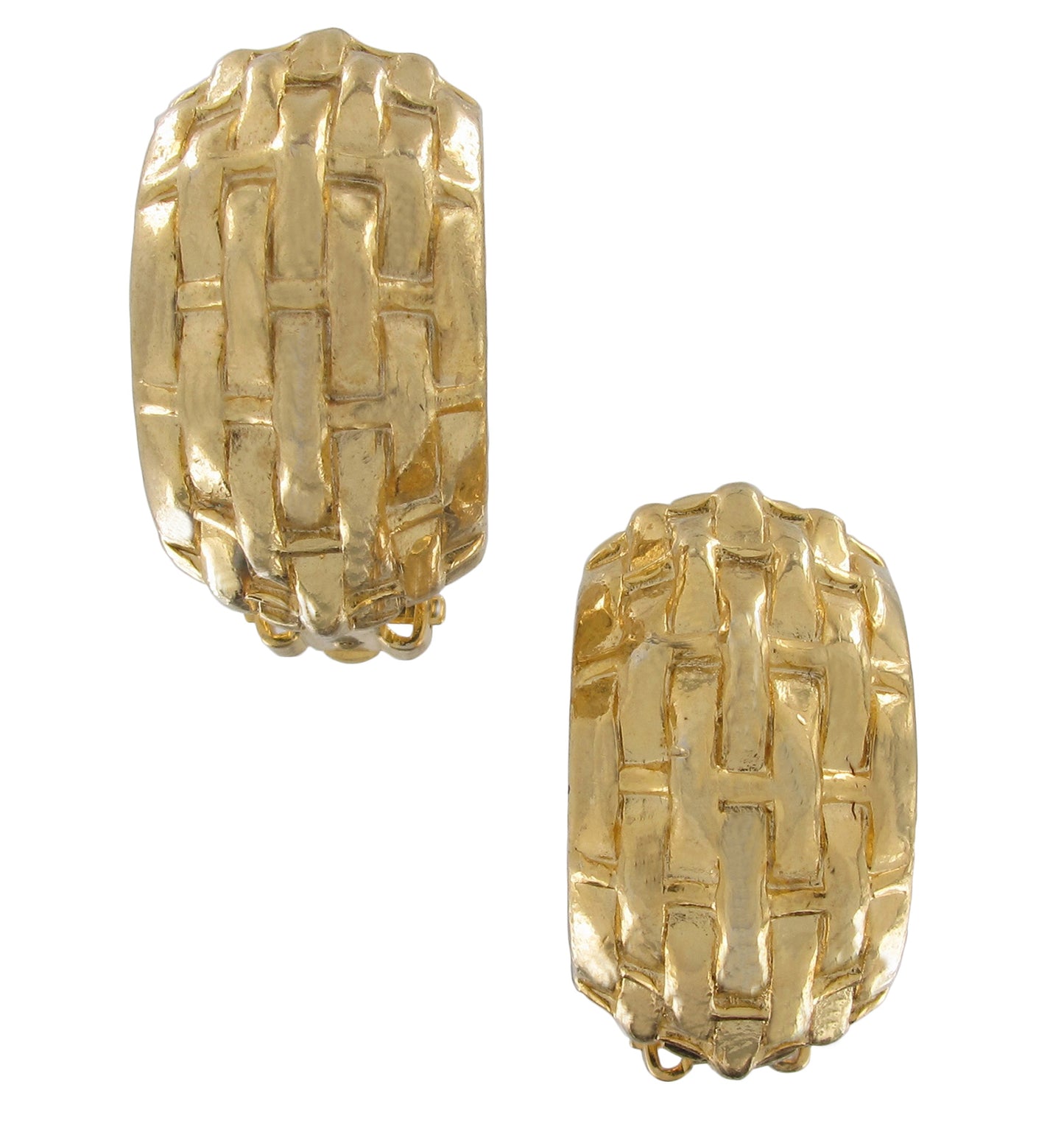 Gold Tone Crosshatch Huggie Hoop Nuget Clip Earrings 1"