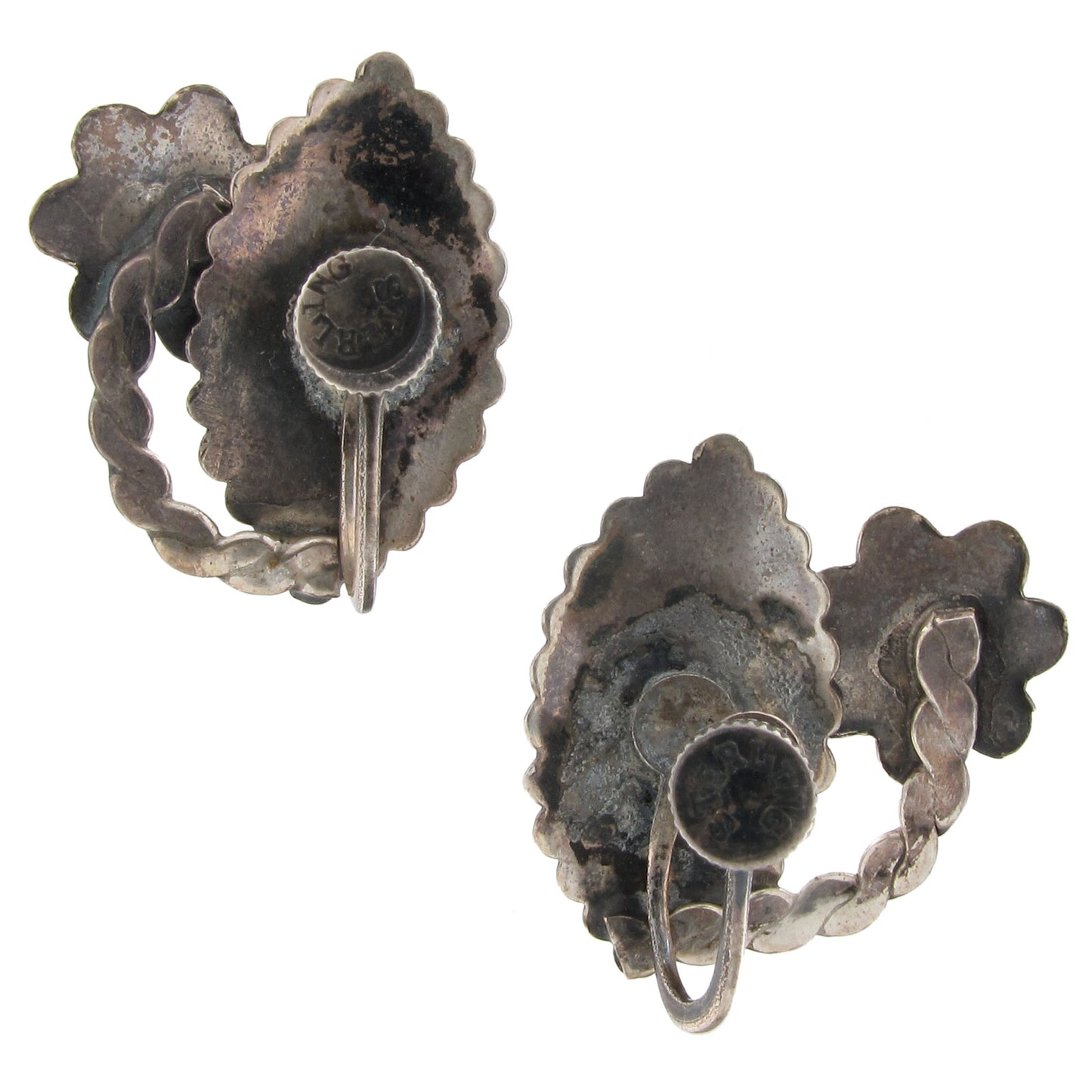 925 Sterling Silver Handcrafted Flower Leaf Screw Back Clip Earrings Vintage