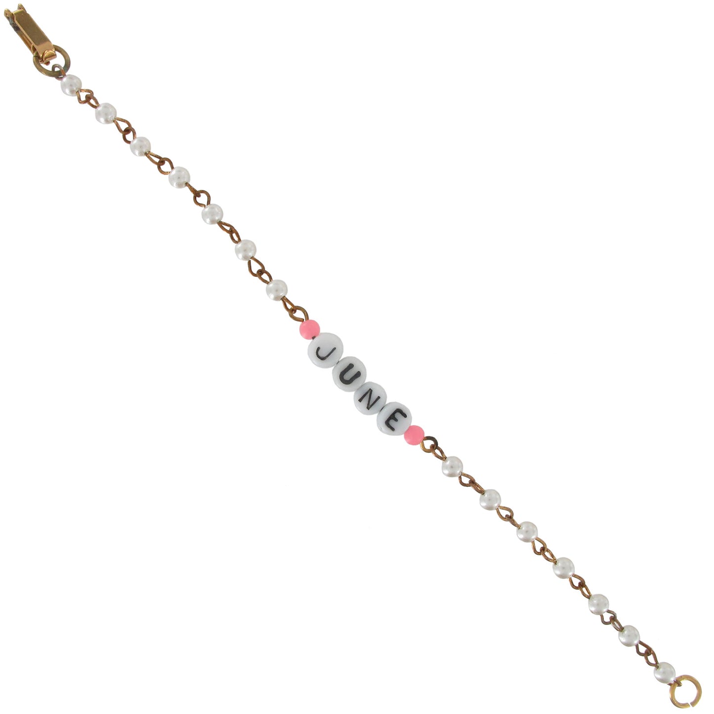 June - Pink Glass Faux Pearl Name Link Bracelet - Circa 1950-60