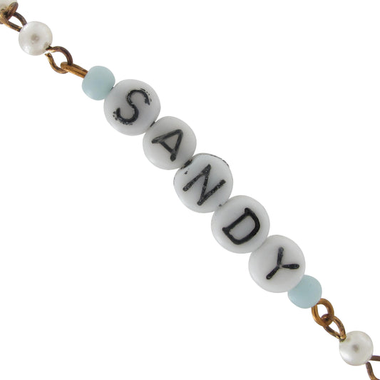 Sandy - Blue Glass Faux Pearl Name Link Bracelet - Circa 1950-60