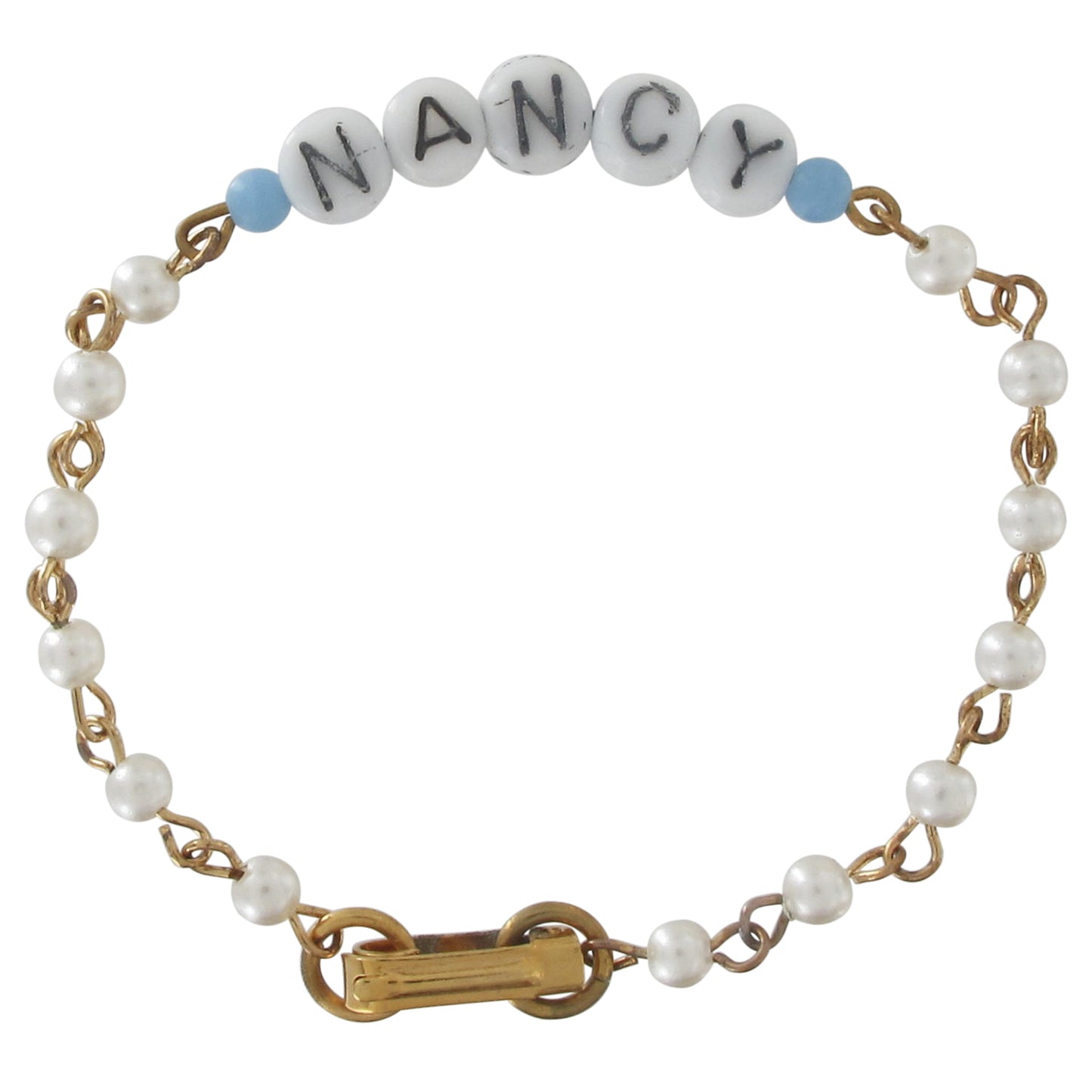 Nancy - Blue Glass Faux Pearl Name Link Bracelet - Circa 1950-60