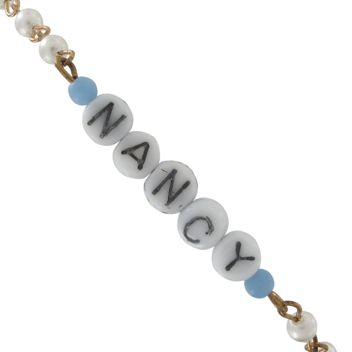 Nancy - Blue Glass Faux Pearl Name Link Bracelet - Circa 1950-60