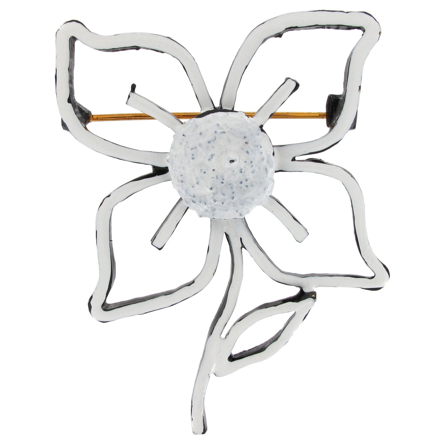 Designer Signed Art White Black Flower Pin Brooch 1960s Vintage Jewelry