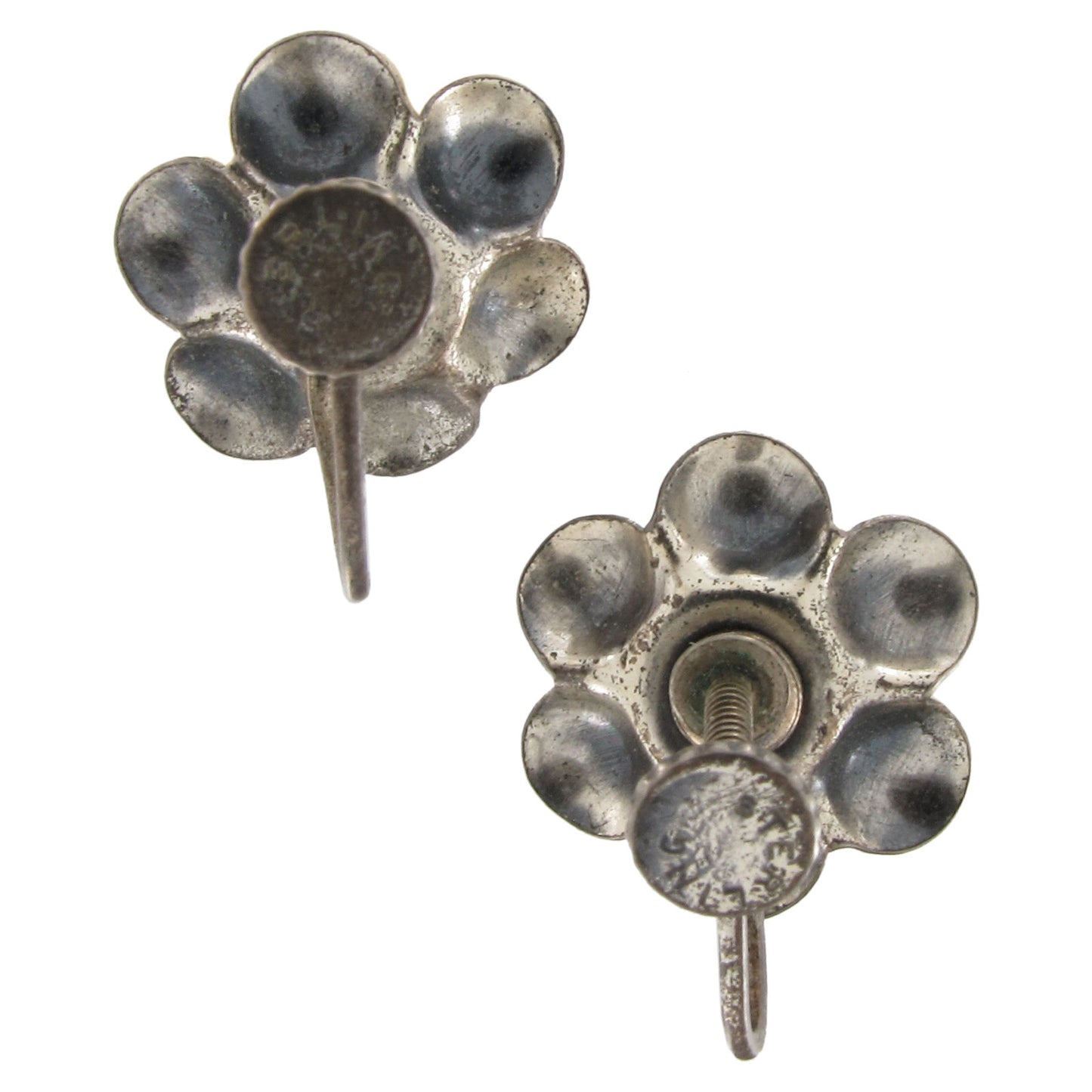 Sterling Silver Flower Button Screw Back Earrings Vintage Jewelry