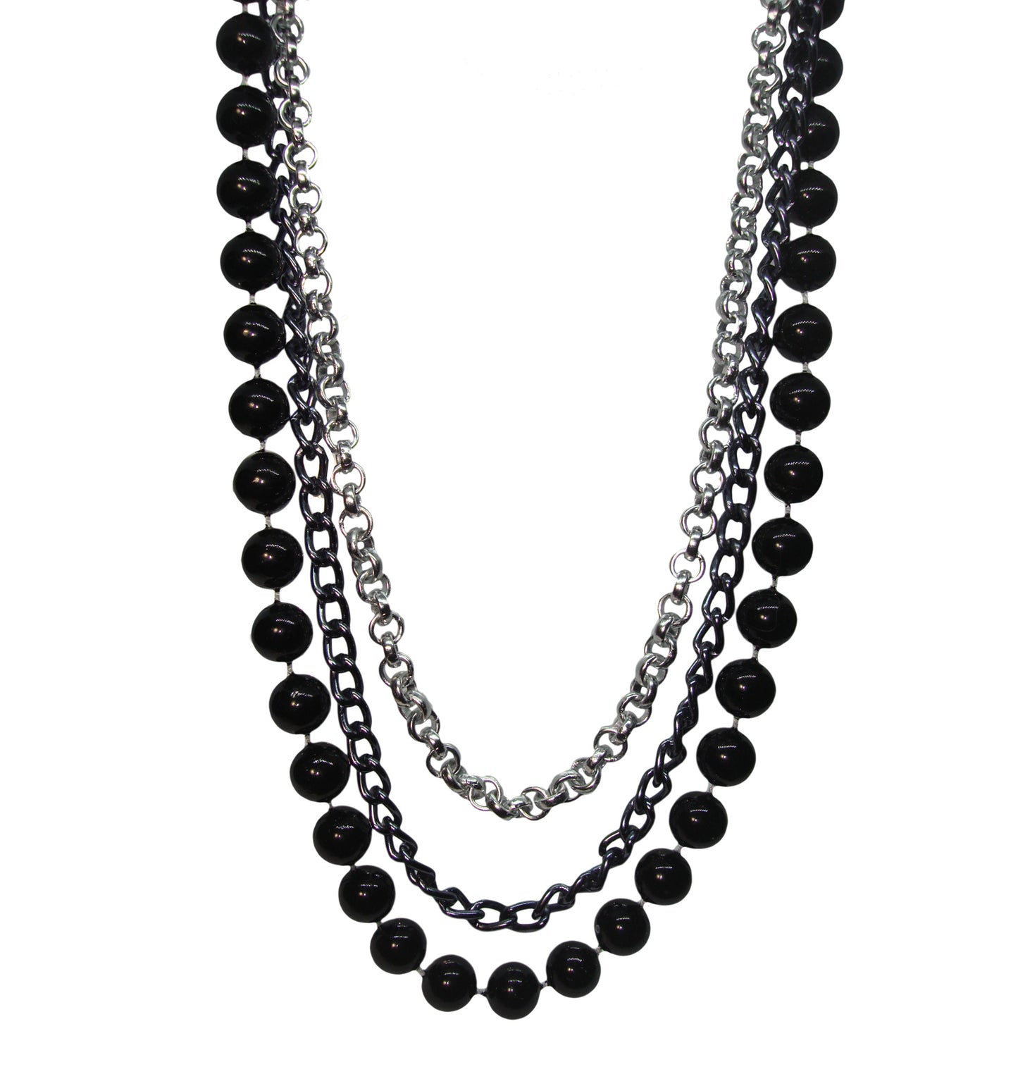 Multi Strand Layered Black Beaded Silver Tone Chain Necklace For Women 32"