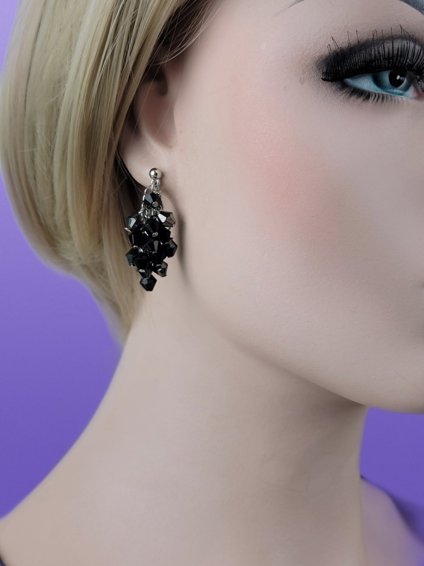 Black & Silver Faux Crystal Silver Tone Chandelier Beaded Pierced Earrings 1/2"
