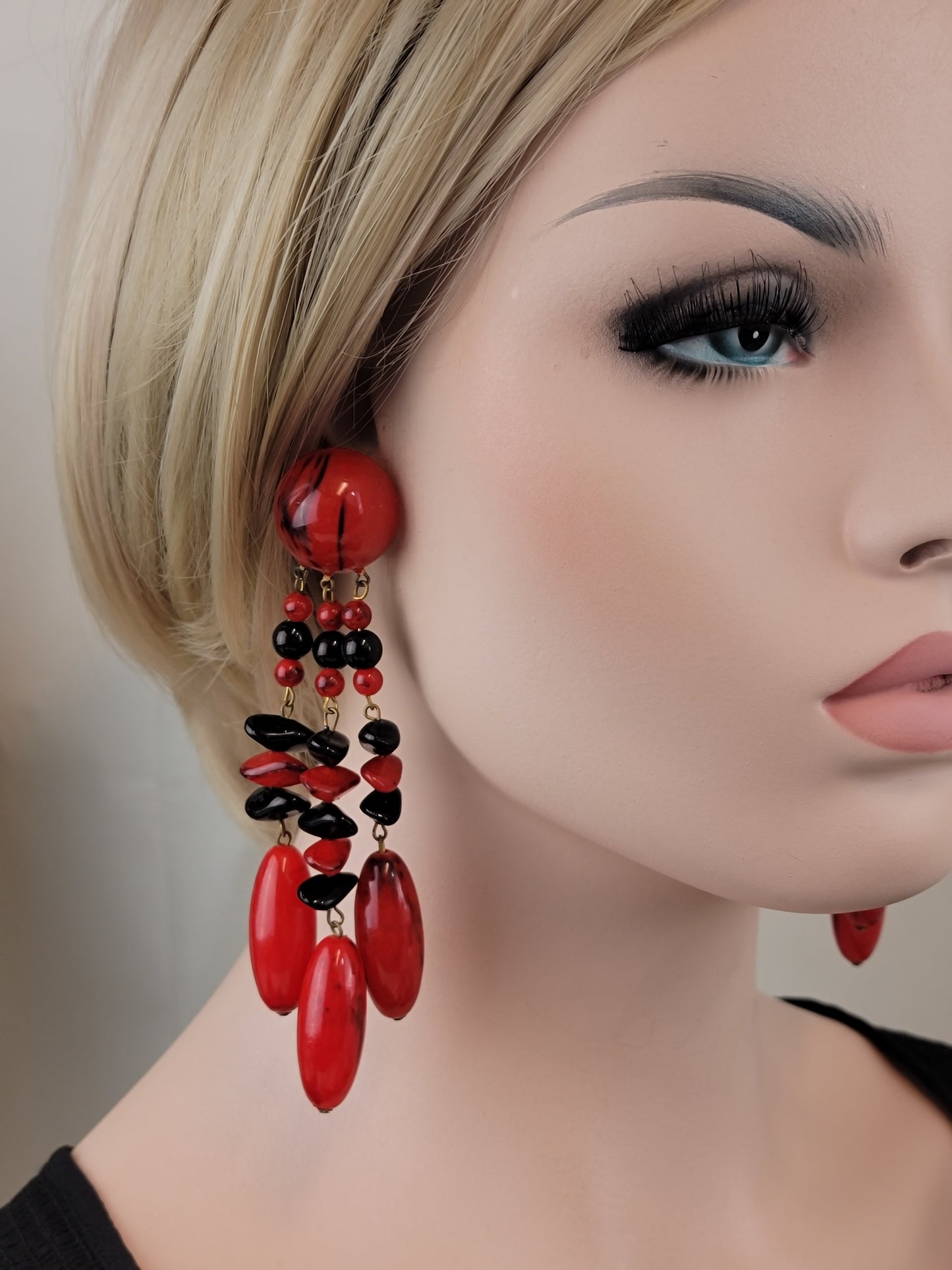 Red Black Runway Statement Dangle Chandelier Pierced Earrings Long 5"