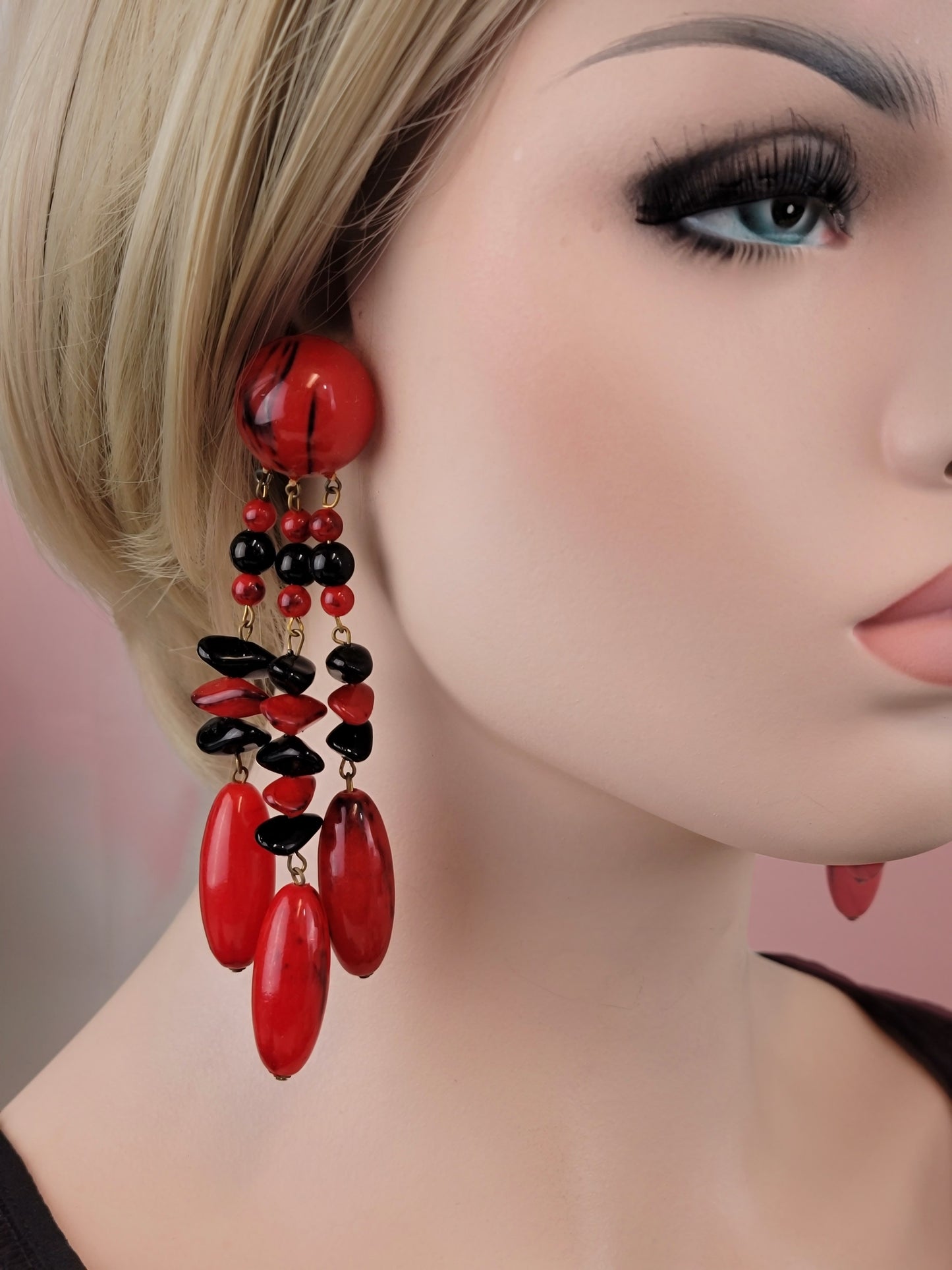 Red Black Runway Statement Dangle Chandelier Pierced Earrings Long 5"