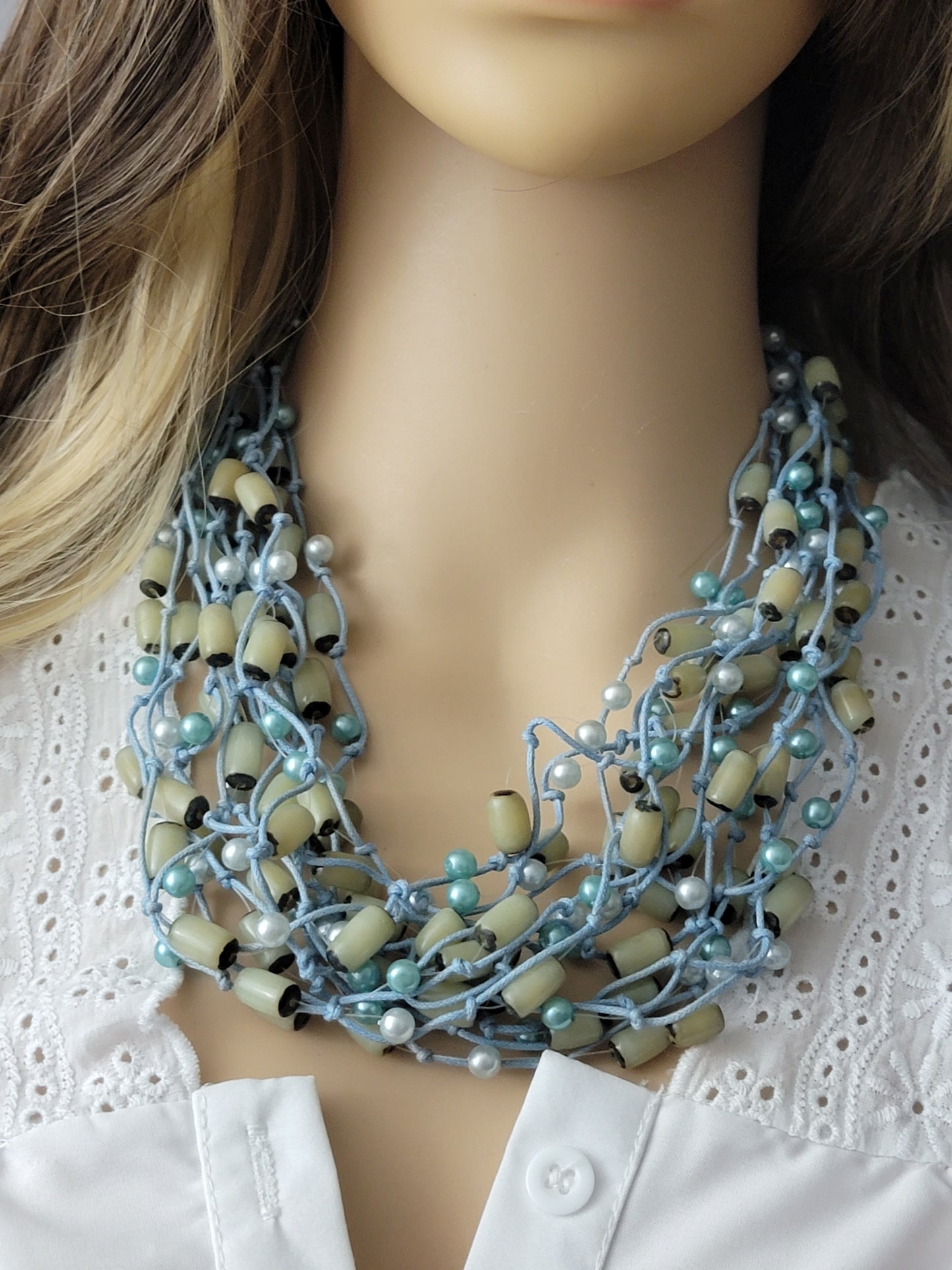Pastel Blue Faux Pearl Wood Cylinder Beaded Necklace Multi 12 Strand 21"