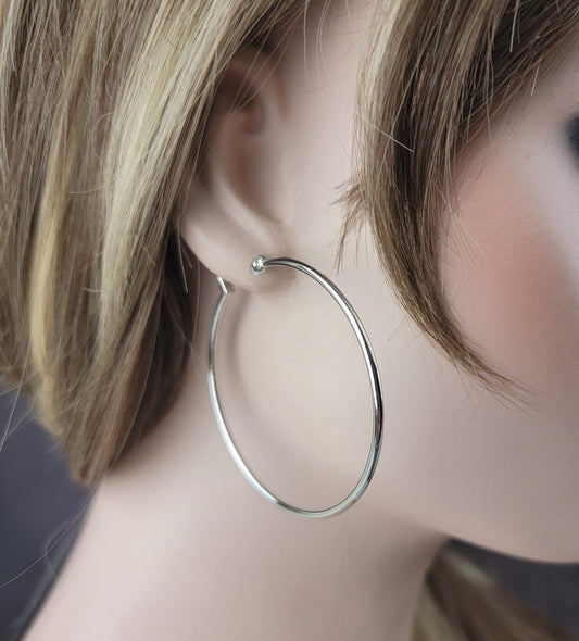 Large Street Style Silver Tone Thin Hoop Pierced Earrings 2 1/4" Ladies Fashion
