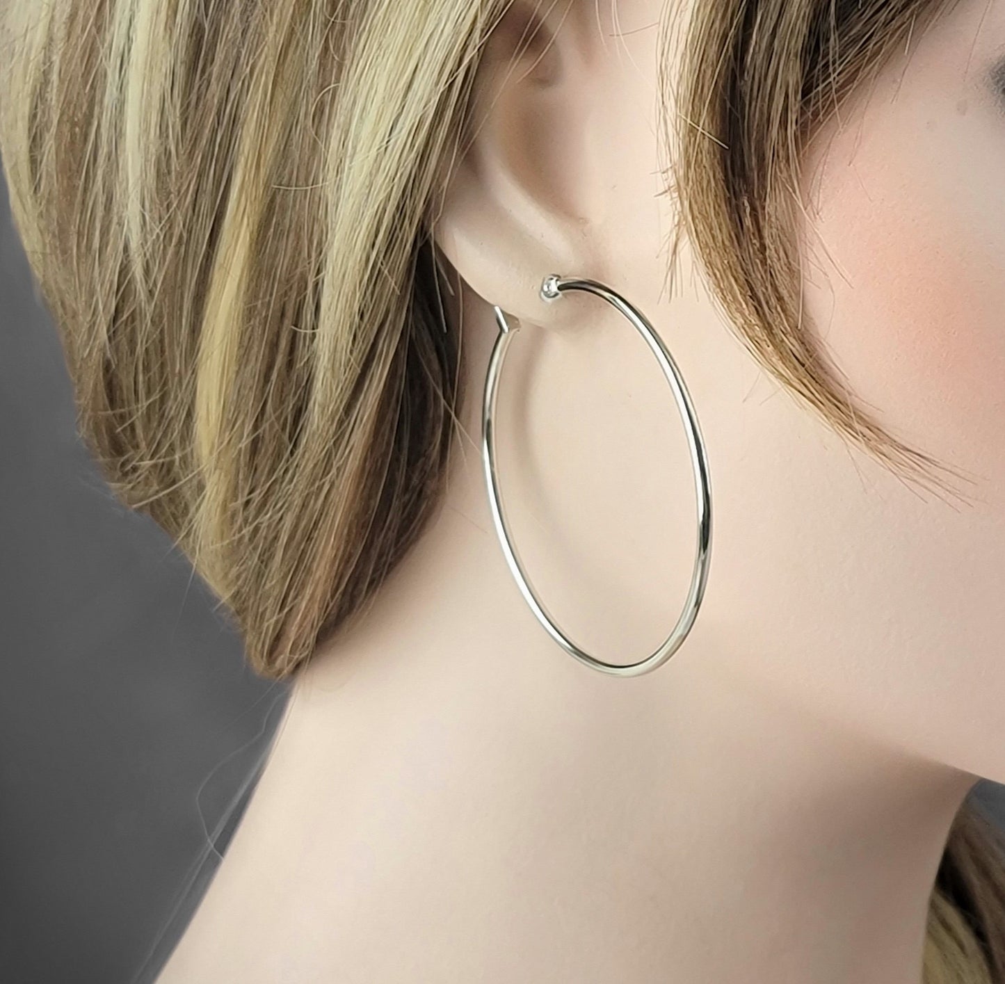 Large Street Style Silver Tone Thin Hoop Pierced Earrings 2 1/4" Ladies Fashion