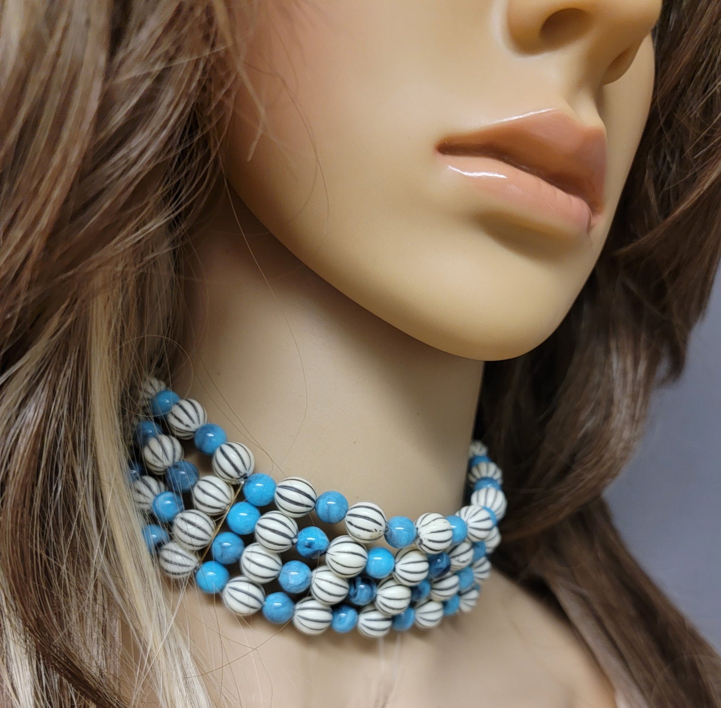 Vintage Turquoise Blue White Multi Strand Bead Collar Choker Necklace 13.5-16.5"