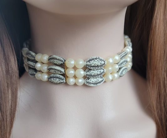 Multi Strand Faux Pearl Moon Glow Bead Collar Choker Necklace Adjustable 16 1/2"