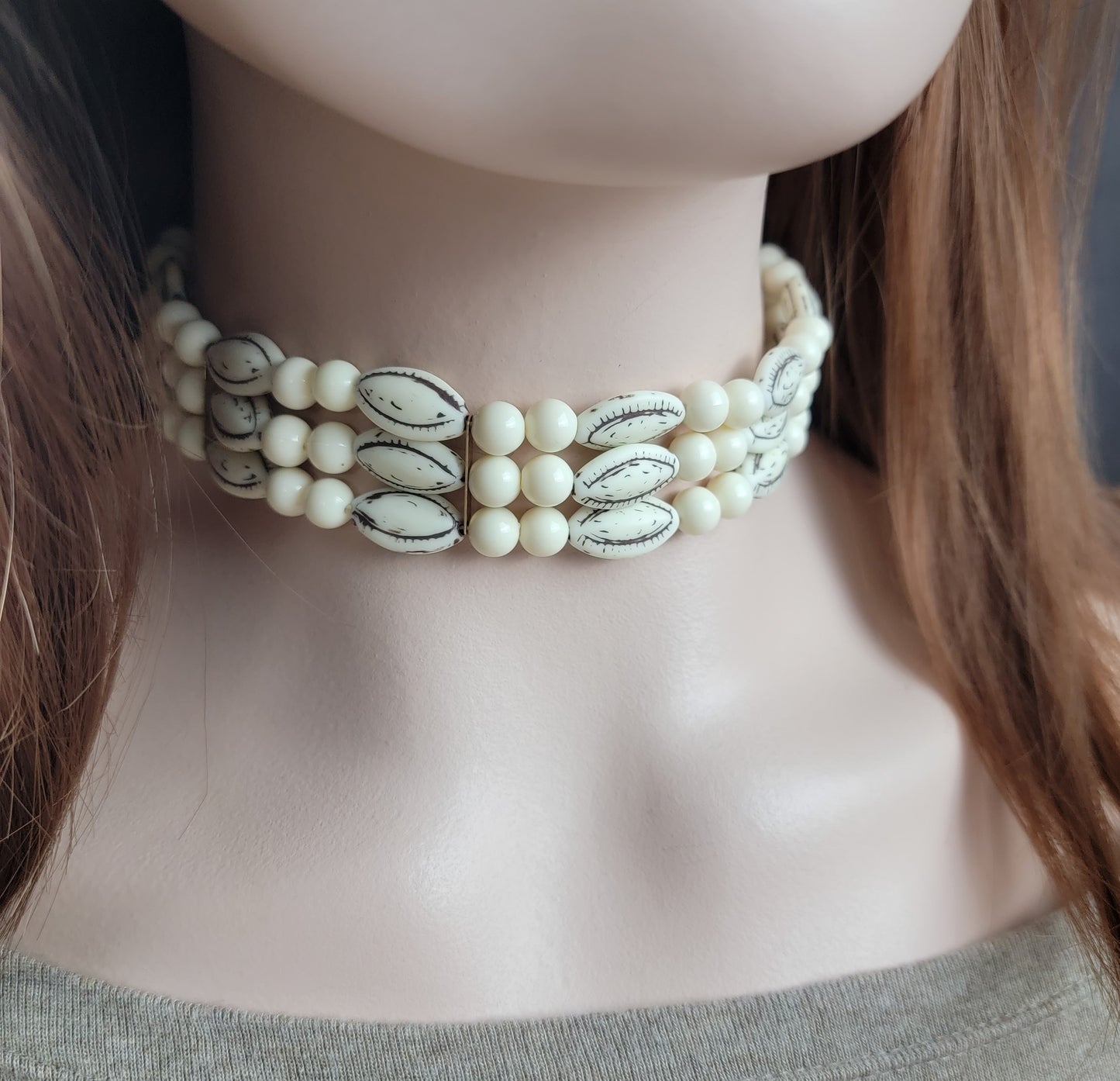 Multi Strand Tribal Off White Bead Dog Collar Choker Necklace Adjustable 16 1/2"