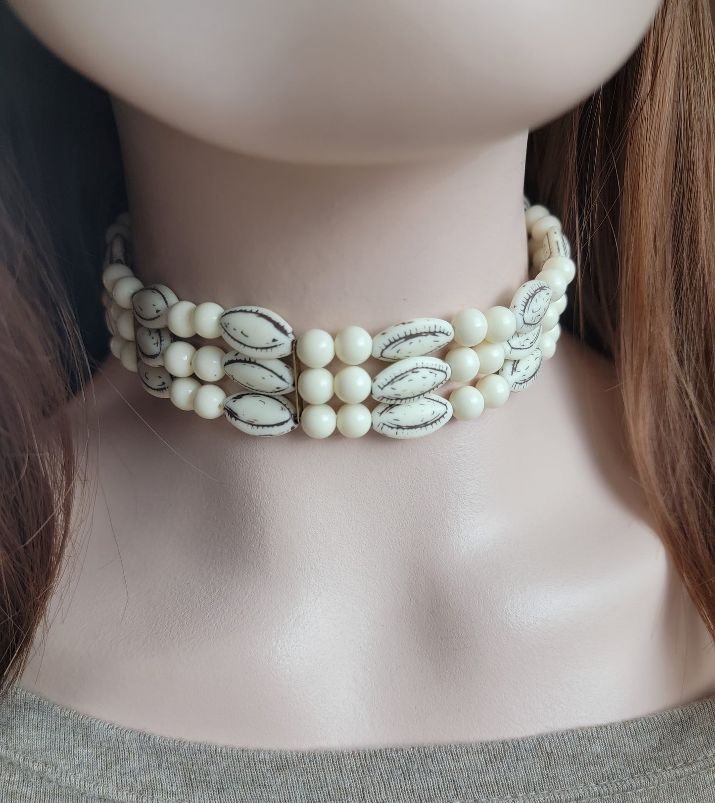 Multi Strand Tribal Off White Bead Dog Collar Choker Necklace Adjustable 16 1/2"
