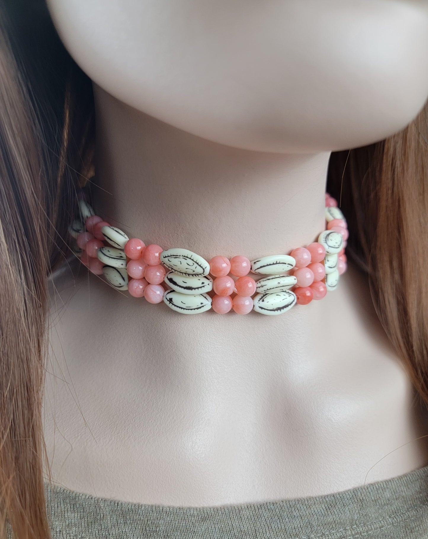Coral Pink Off White Bead Multi Strand Collar Choker Necklace Adjustable 16 1/2"