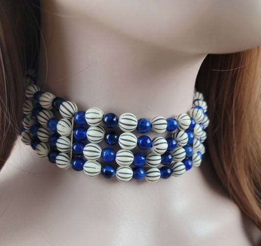 Cobalt Blue White Multi Strand Beaded Collar Choker Necklace 13.5-16.5" Vintage