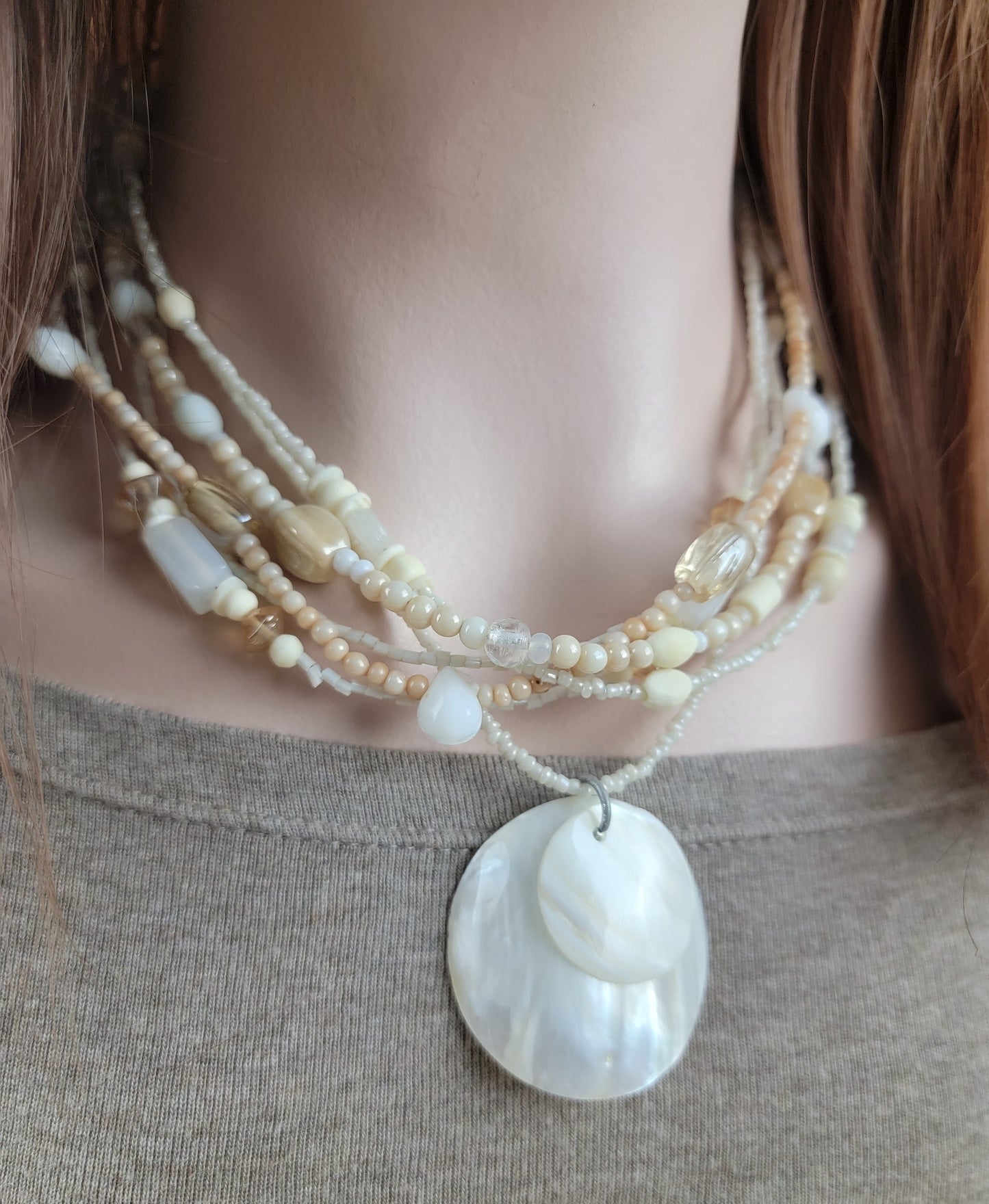 Multi Strand White Clear Cream Shell Glass Disc Bead Collar Pendant Necklace 18"
