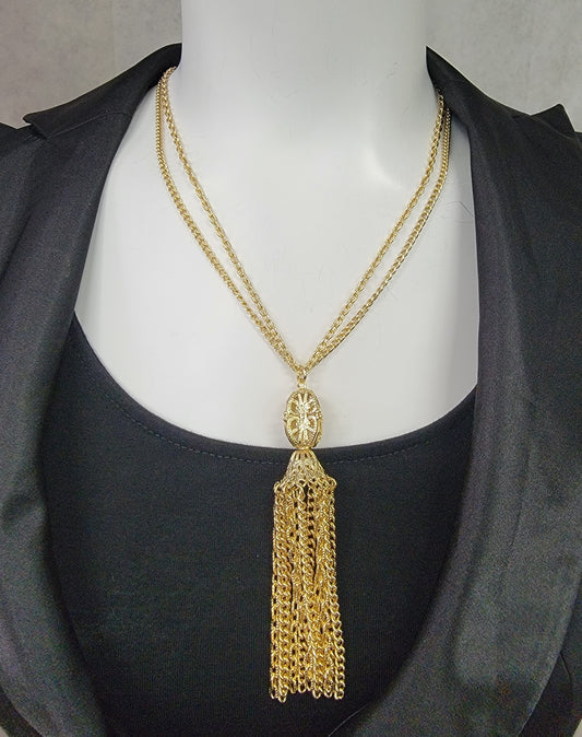 Ky & Co Made in USA Long Fringe Tassel Pendant Necklace Chain 20" - Gold Tone