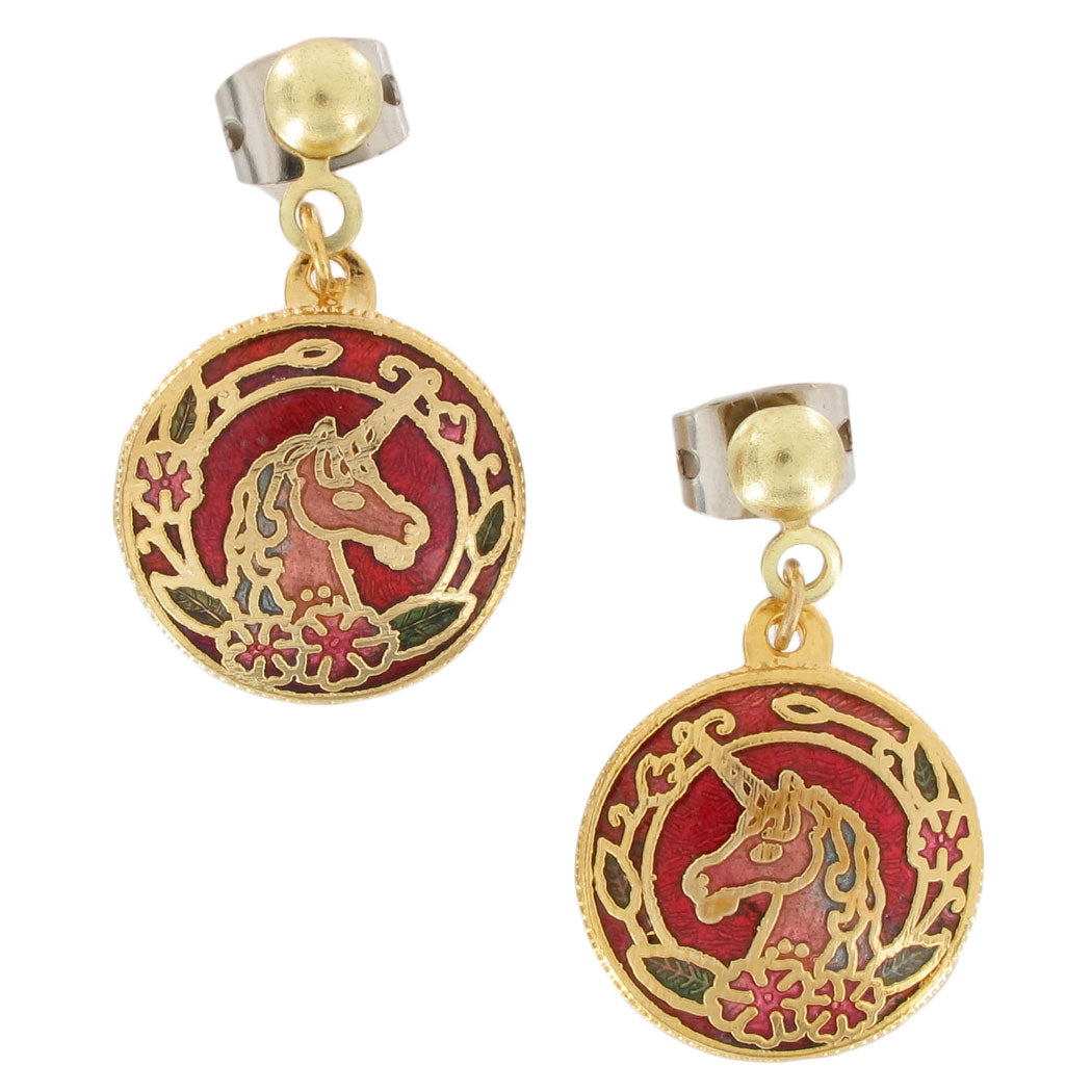 Unicorn Gold Tone Cloisonne Red Pierced Earrings 1"