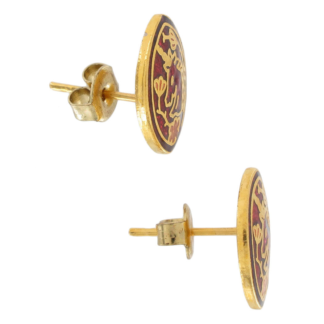 Red Cloisonne Unicorn Gold Tone Stud Pierced Earrings 14.2mm