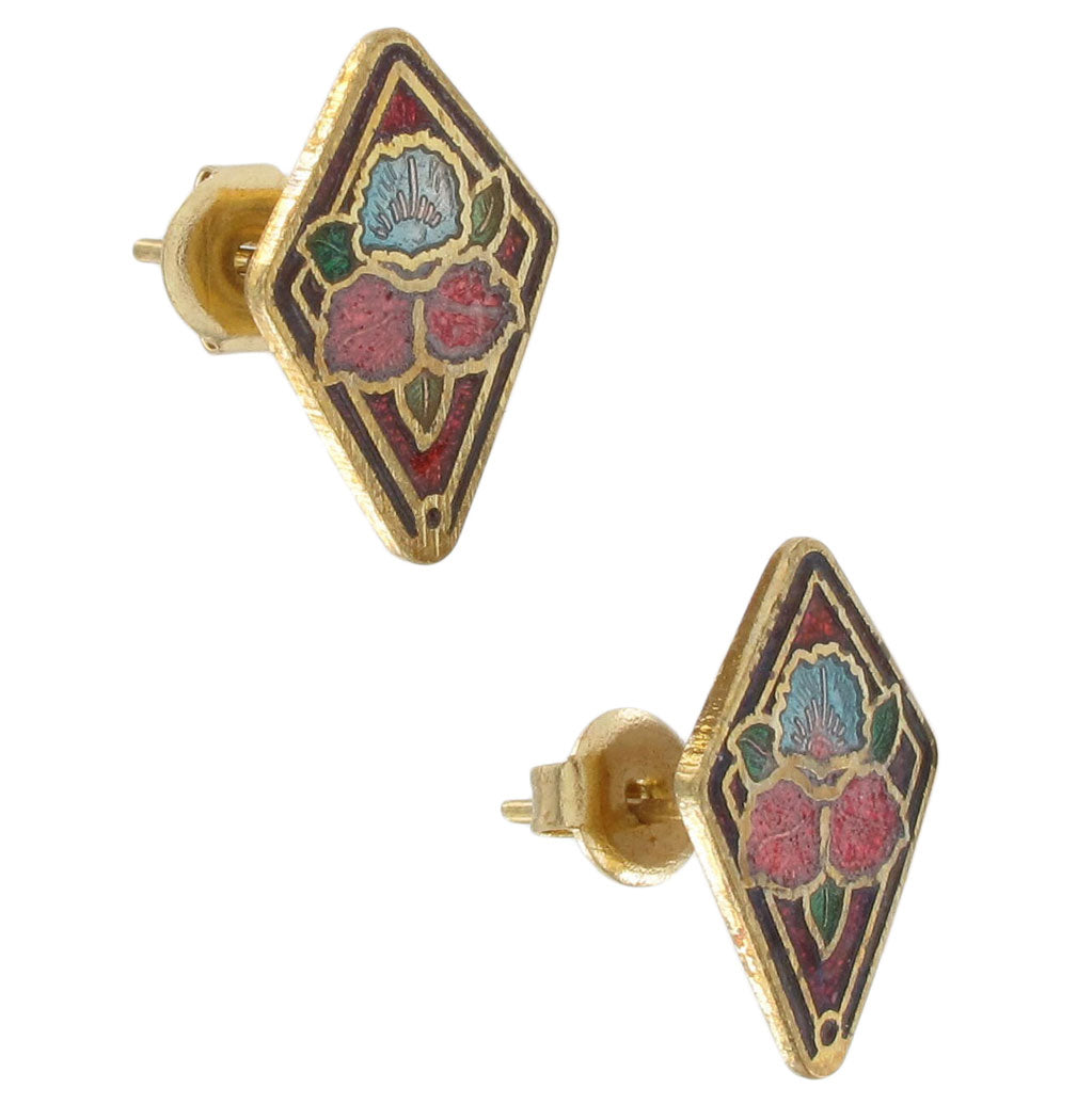 Red Orchid Gold Tone Cloisonne Pierced Stud Earrings 15.8mm