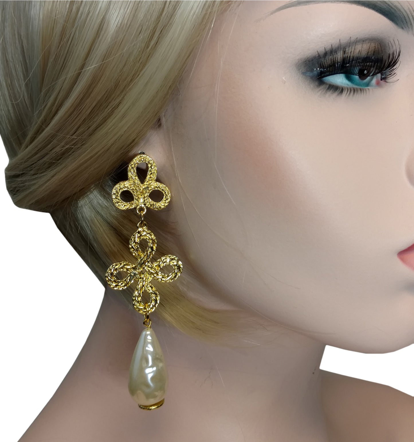 Baroque Jumbo Faux Pearl Gold Tone Chunky Dangle Pierced Earrings Long 3 3/4"