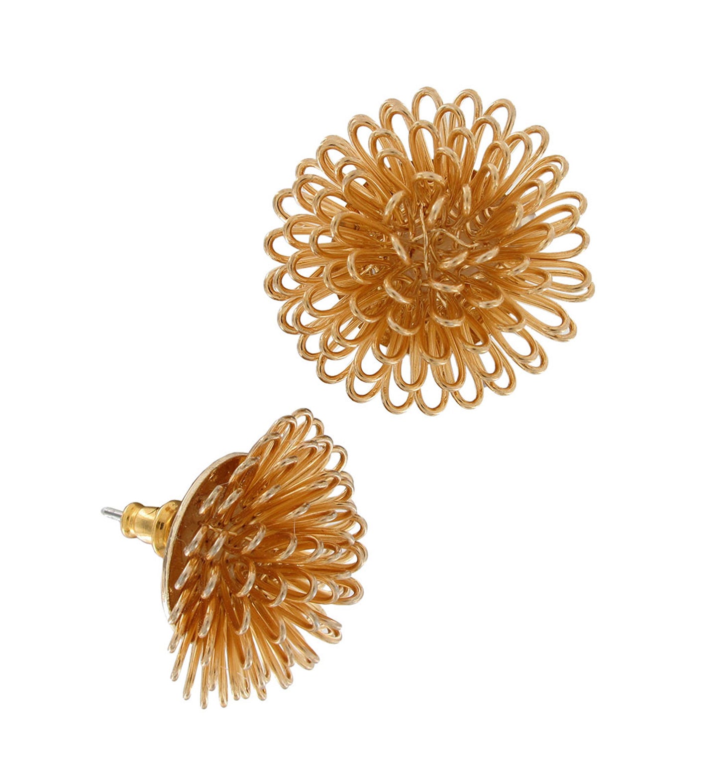 Pierced Earrings Bristle Ball Button Flower Gold Tone 7/8"