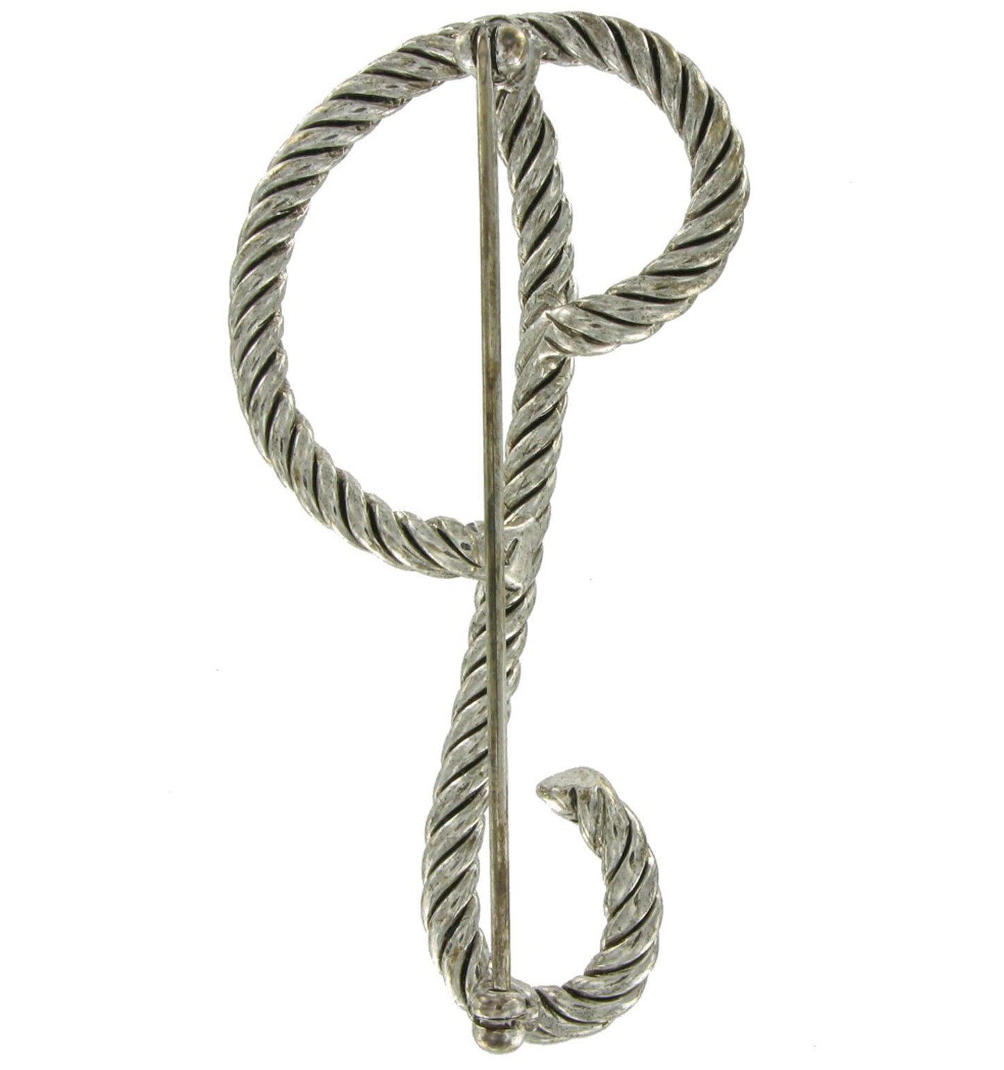 Large Script Silver Tone Rope Initial "P" Pin Brooch 2 1/2"