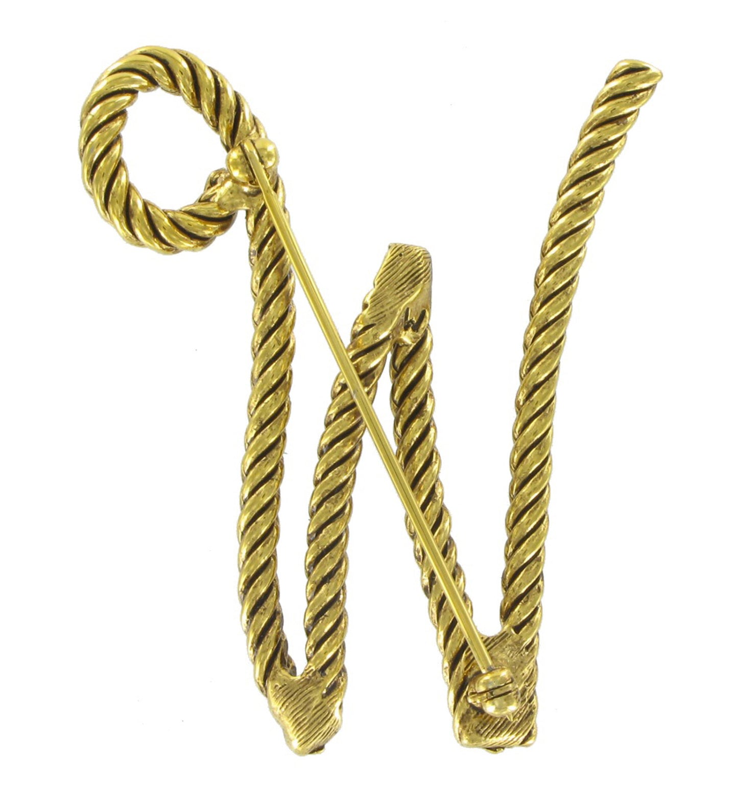 Large Script Gold Tone Rope Initial "W" Pin Brooch 2 1/2"