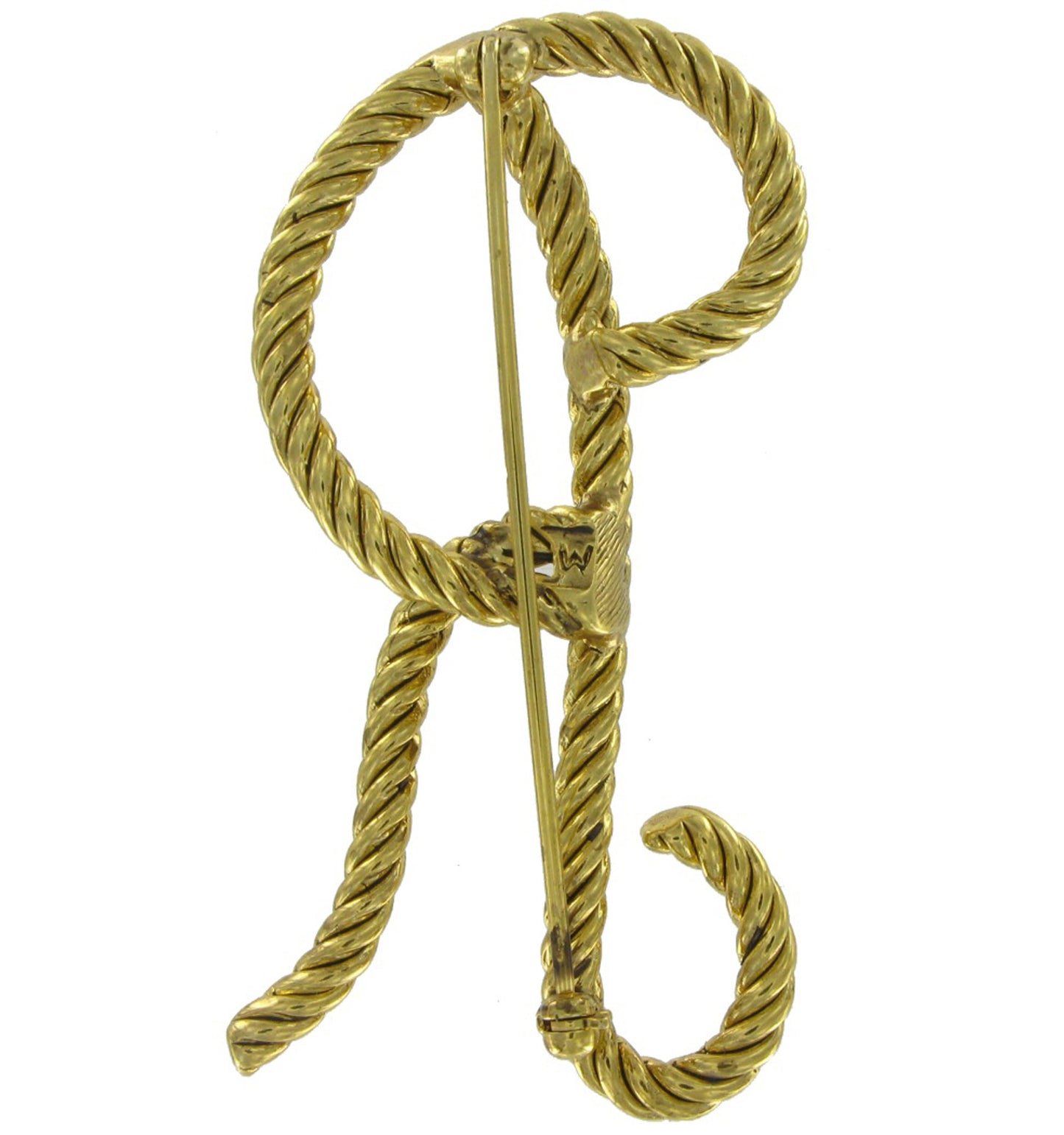 Large Big Script Cursive Gold Tone Rope Initial Letter "R" Pin Brooch 2 1/2"