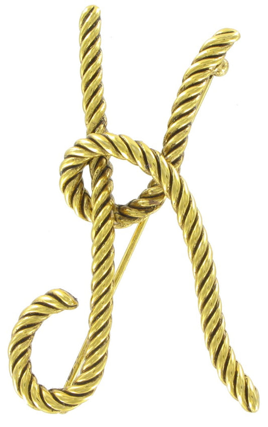 Large Script Gold Tone Rope Initial "K" Pin Brooch 2 1/2"