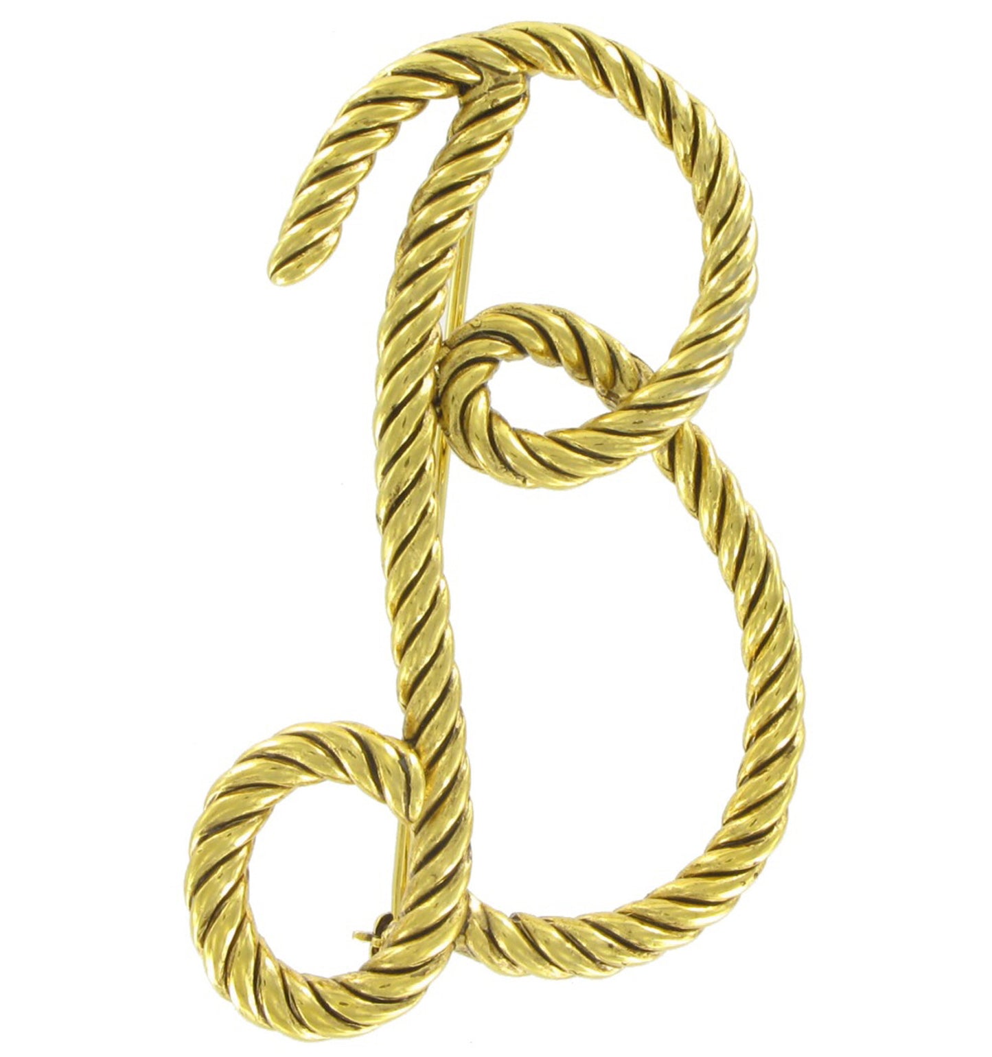 Large Script Gold Tone Rope Initial "B" Pin Brooch 2 1/2"