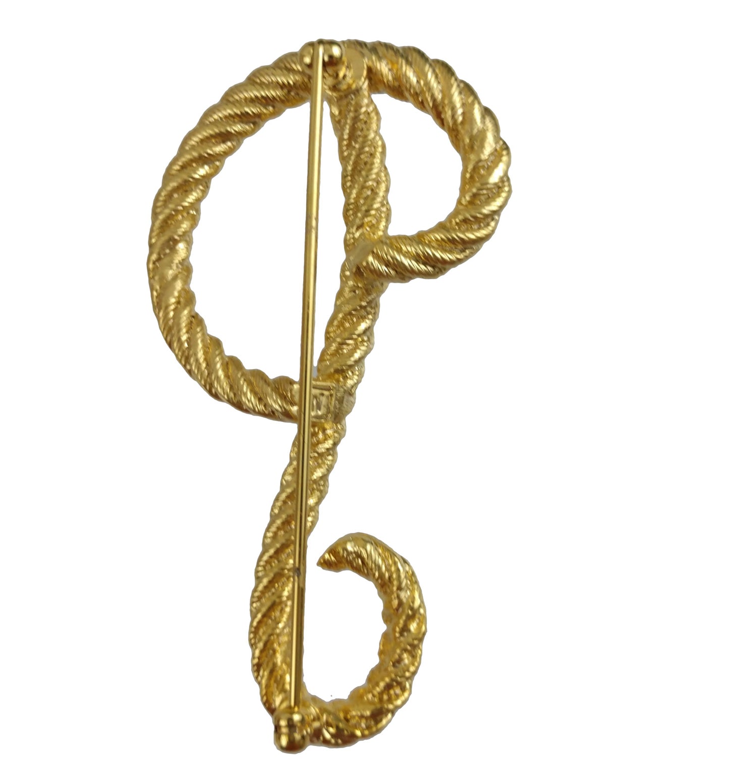 Large Script Gold Tone Twisted Rope Initial "P" Pin Brooch 2 1/2"