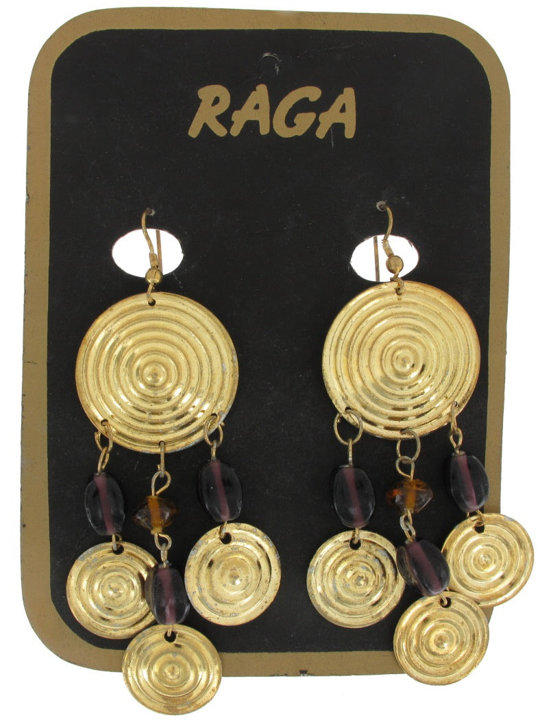 Raga Gold Tone Purple Beaded Dangle Chandelier Pierced Earrings Vintage 4"