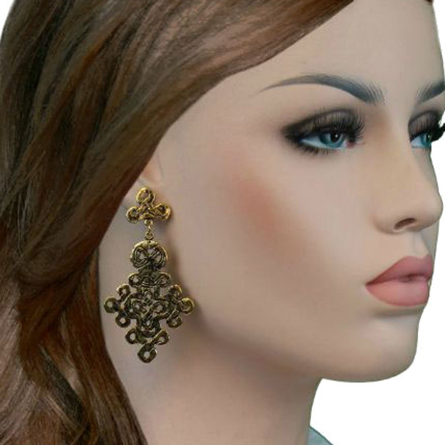 Big Antiqued Gold Tone Ornate Dangle Pierced Earrings 3"