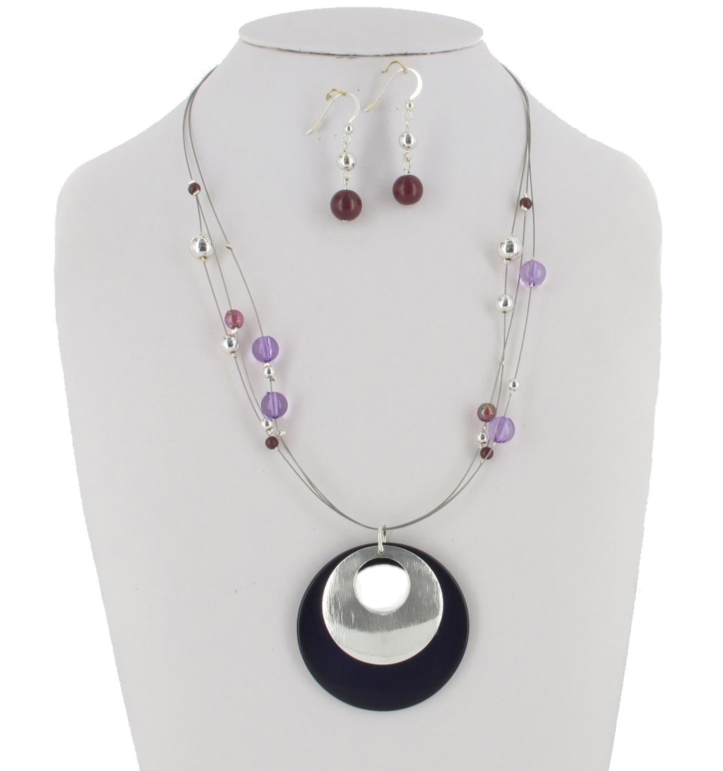 Purple Beaded Multistrand Pendant Necklace Dangle Pierced Earrings Set 17 1/2"