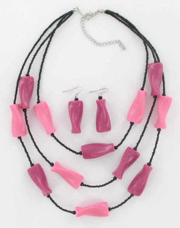 Pink Beaded Dangle Earrings Pierced + Multi Strand Collar Necklace Jewelry Set