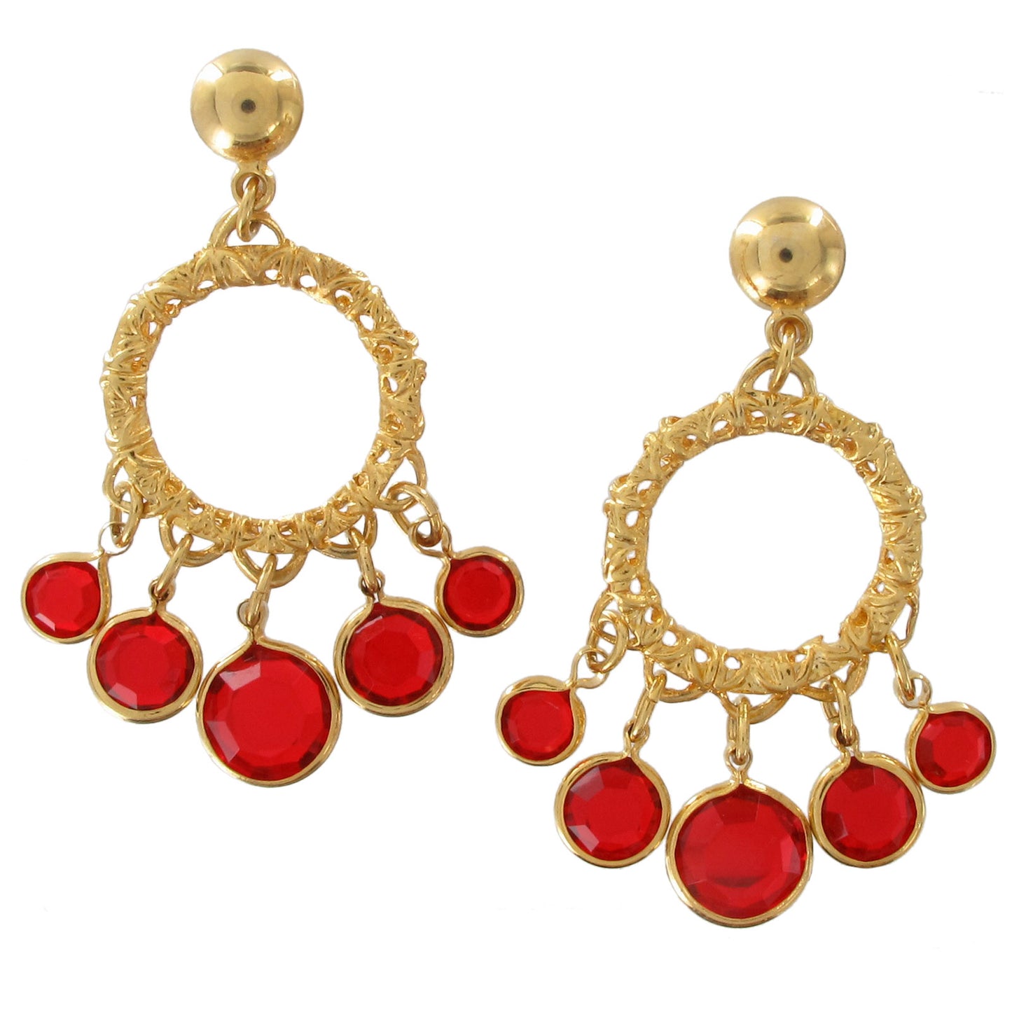 Pierced Earrings Chandelier Gold Tone Red Faux Crystal 1 1/2"