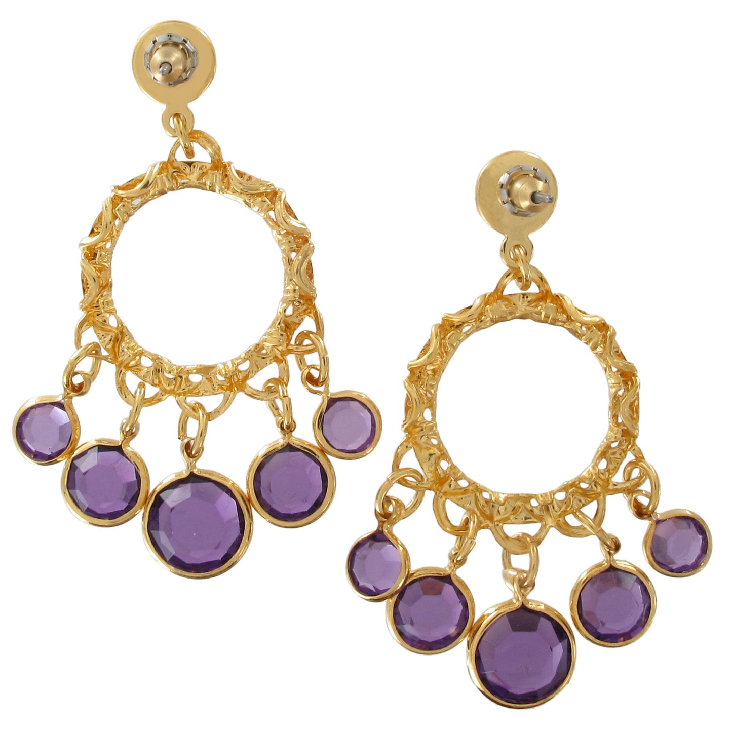 Pierced Earrings Chandelier Gold Tone Purple Faux Crystal 1 1/2"