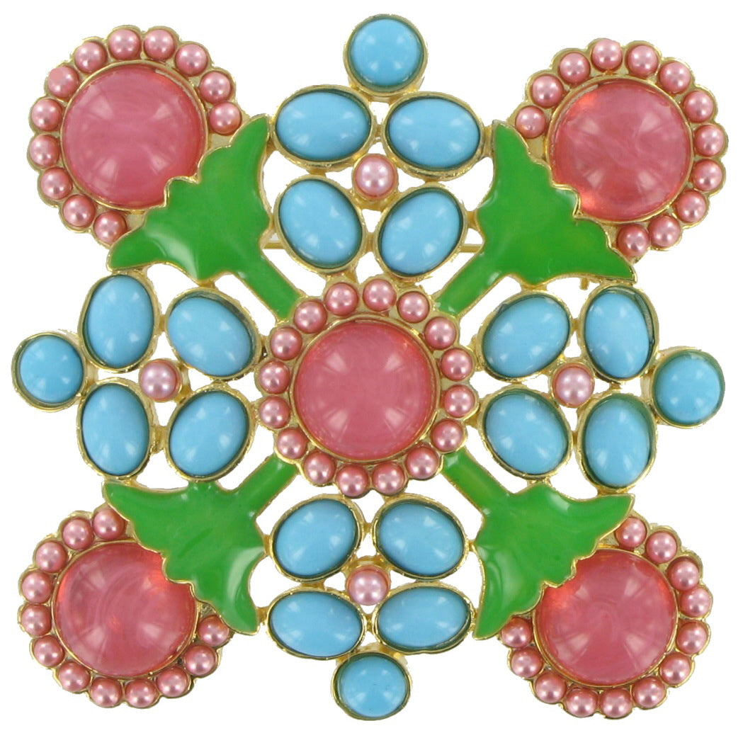 Large Multicolor Pink Blue Green Faux Pearl Flower Floral Pin Brooch 2 3/4"