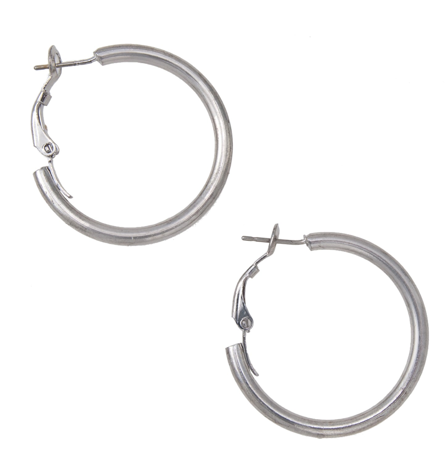 Silver Tone Round Hoop Pierced Earrings Surgical Steel Post 1 1/4"