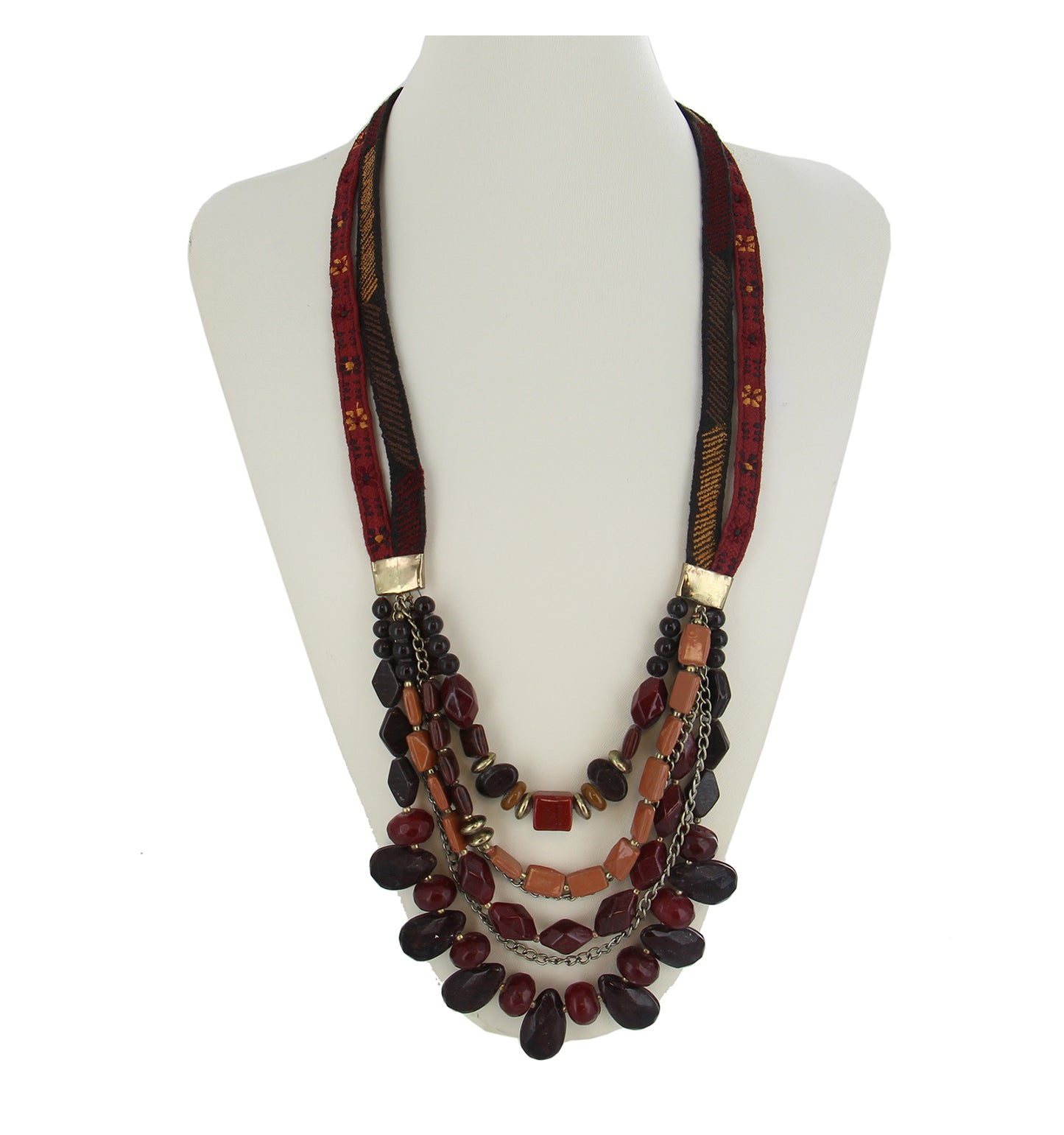 Ben Amun Multi Strand Ox Blood Red Brown Gold Tone Chain Bead Necklace Long 34"